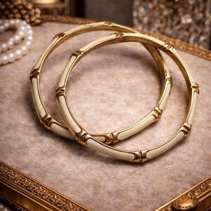 Y2K GOLD TONE BAMBOO STYLE ENAMEL BANGLE BRACELETS – 2-PIECE SET